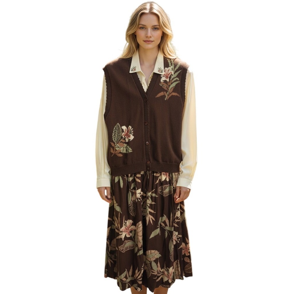 Southern Lady 3 Piece Set Brown Floral Knit Vest Blouse and Midi Skirt Vintage M